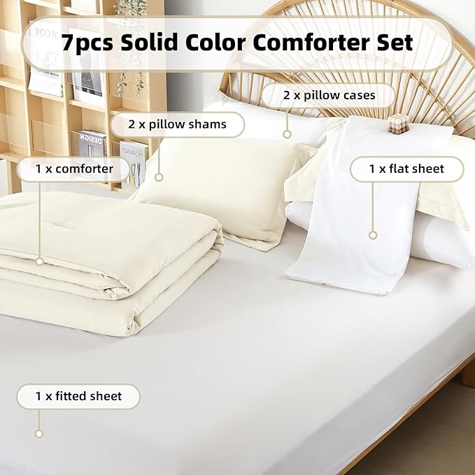 weigelia Queen Comforter Set 7 Pieces Bed Comforter Set Ivory Comforter Queen Size Bed in a Bag Bedding Set with Fitted Sheets, Flat Sheets, Pillow Shams, and Pillowcases