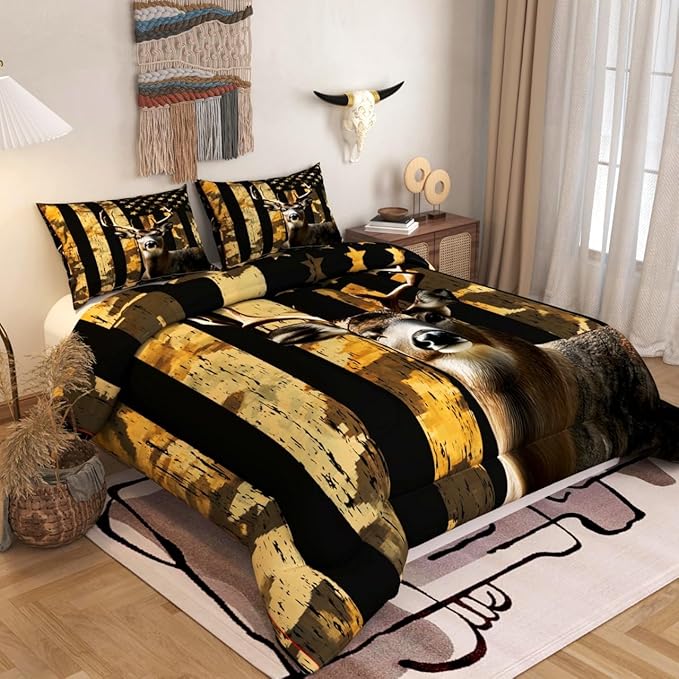 Deer Hunting Comforter Sets for Kids Adults,3D American Flag Pattern with Bright Colors,Decorative Bedding Comforter Sets with 2 Pillow Shams, Twin Size