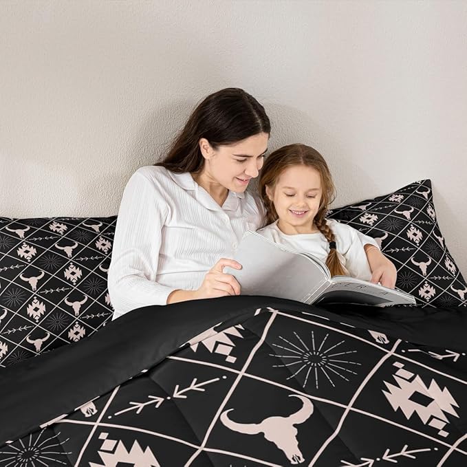 Erosebridal Bull Skull Comforter Set for Boys, Ethnic Western Horns Bedding Set King Size Tribal Aztec Boho Southwestern Duvet Insert Farmhouse Animal Vintage Quilt, 2 Pillow Cases, Black Brown