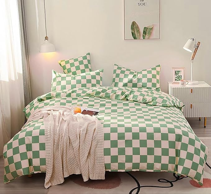KAREVER Green White Grid Comforter Set Cal King Sage Green Plaid Bedding Set Women Light Green White Checkered Bed Set Breathable Blanket Set Men Durable Bedding Comforter Set