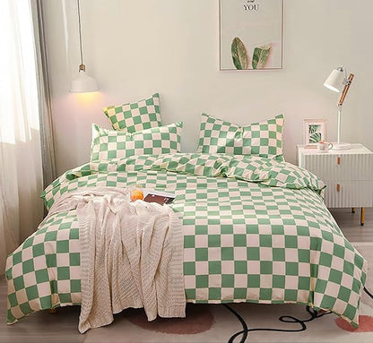 KAREVER Green White Grid Comforter Set Cal King Sage Green Plaid Bedding Set Women Light Green White Checkered Bed Set Breathable Blanket Set Men Durable Bedding Comforter Set