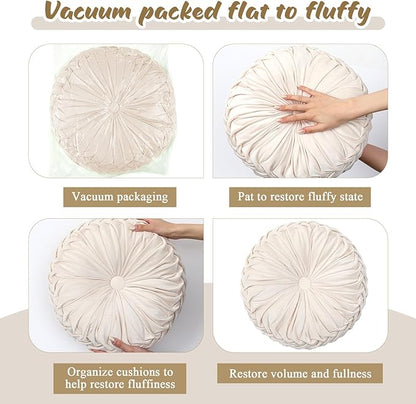 Round Throw Pillows Decorative Pleated Throw Pillows 15'' Diameter Accent Pumpkin Boho Chair Cushion for Couch Sofa Home Decoration(Velvet,Beige,1 Pcs)