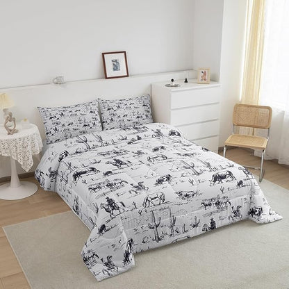 Feelyou Western Comforter Set Queen Size, White and Black Cowboy Cow Bedding Set Cowboy Comforter Desert Cactus Duvet Set Soft Bed Set 3Pcs