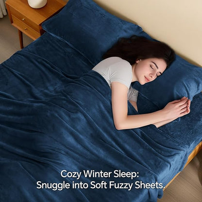 BEDELITE Flannel Sheets Queen Size Navy - Super Soft Fleece Sheets Set Fluffy Extra Plush, 4 Piece(Include Fitted Sheet, Flat Sheet, 2 Pillowcases)