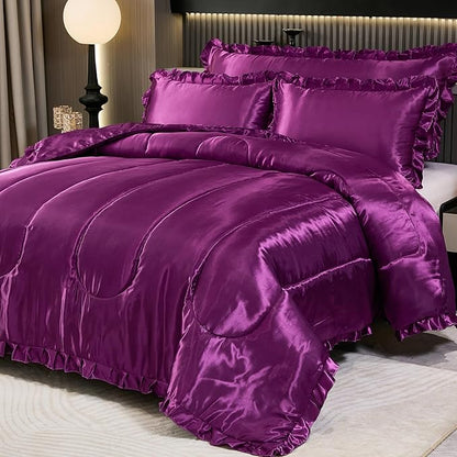 Purple King Comforter Silk Like Bedding 4 Pcs Hotel Soft Polyester Satin Bed Set Luxury Silky Body Pillow Cover Ruffle Home Decor