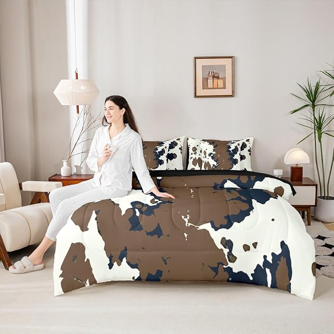 Erosebridal Cowhide King Comforter Set Cow Print 7-Piece Bed in A Bag Western Farm Rustic Fur Highland Skin Sheets and Pillowcases Beige Blue Bed Sets
