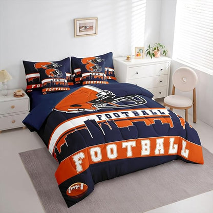 Erosebridal Football 7 Pcs Comforter Set King Football City Bedding for Men Blue Orange Football Fans Sheet Set Bed in A Bag Rugby Game Room Decor Sports Ball Competition Quilt