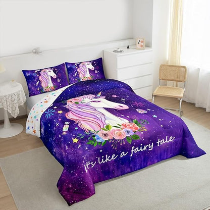 Unicorn Gifts for Girls,Kawaii Comforter Set Glitter Galaxy Bedding Set for Kids Toddler,Cartoon Magical Animal Duvet Insert Cute Horse Quilt Twin,Purple Unicorn Room Decor for Girls Bedroom