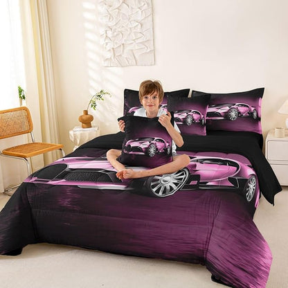 Feelyou Sports Car 7 Piece Bedding Set Pink Race Car Comforter Set with Sheets Kids Boys Girls Extreme Sports Theme Bed in a Bag Cool Speed Luxury Car Decor Bed Set with 2 Pillowcases King Size