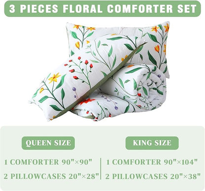 King Comforter Set Green 3 Pieces Bed in a Bag, Colorful Floral Bedding Sets Elegant Botanical Bed Set Lightweight Soft Comforter with 2 Pillowcases for All Season