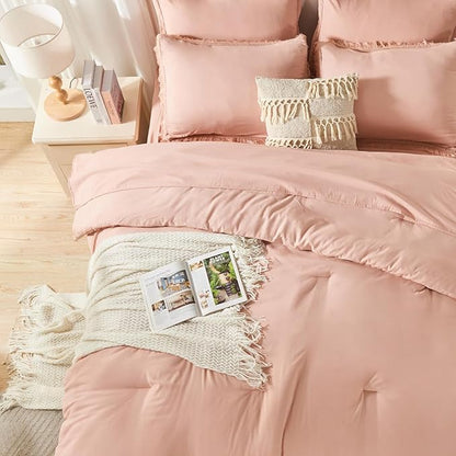 Andency Oversized King Comforter Set Pink 120x98-7 Pieces Boho Tassel Bed in a Bag Soft Lightweight Bedding Sets, Fringe All Season Bed Set with Comforter, Sheets, Pillowcases & Shams
