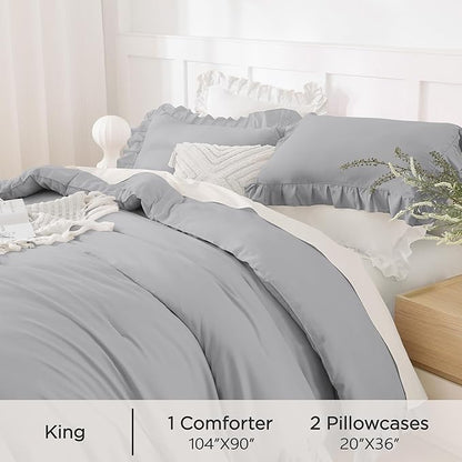 Andency Silver Gray Comforter Set King, 3 Pieces Farmhouse Shabby Chic Ruffle Comforter, Lightweight Fluffy Soft Microfiber All Season Solid Bed Comforter Set (1 Ruffle Comforter & 2 Pillowcases)