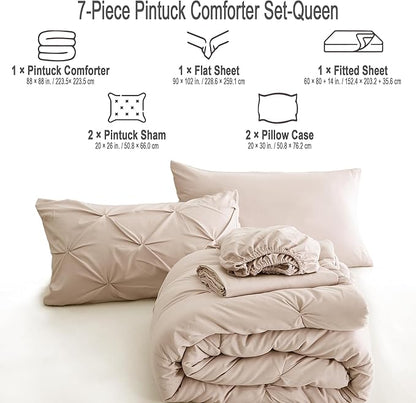 Ubauba 7pc Beige Queen Comforter Set with Sheets, 7 Piece Pintuck Bed in a Bag Ivory with Comforter and Sheets, Off White Bedding Comforters & Sets (Cream, Queen Size)