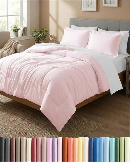 Queen Comforter Set - 3 Piece Bed Set for All Seasons - 1 Soft Quilted Comforter with Corner Tabs & 2 Pillow Shams - Comfy, Cozy & Breathable - Premium Down Duvet Insert - Queen Size, Lavender Pink