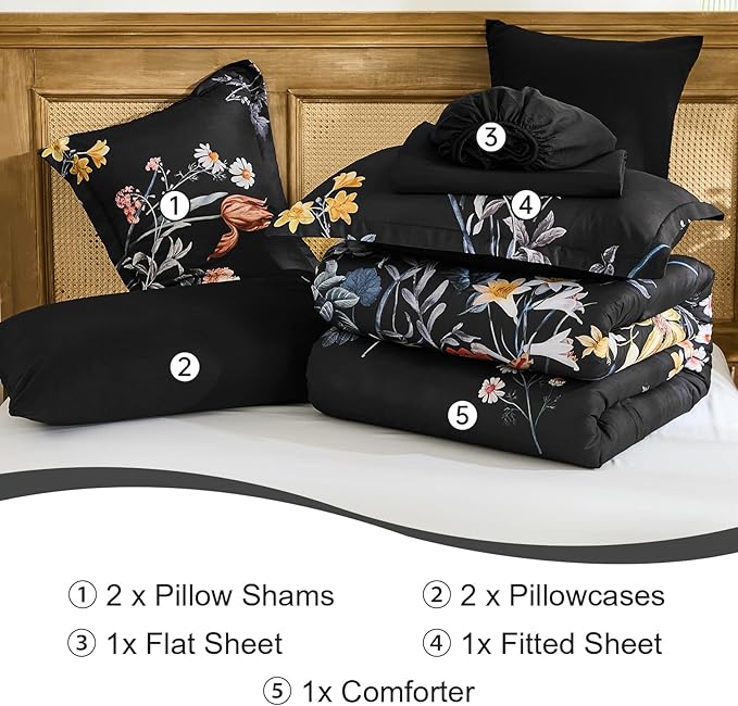 WONGS BEDDING Queen Comforter Set 7 Piece, Black Floral Bed in a Bag Bedding Set with Botanical Flowers Patterns, Soft Lightweight Complete Comforters with Sheets for All Season
