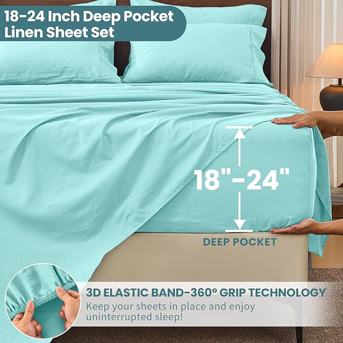 Bedlifes 100% French Linen Sheets California King Size 18-24" Extra Deep Pocket 4-Piece Set Breathable & Moisture-Wicking,Soft & Durable Sheets for Thick Mattresses(Teal)