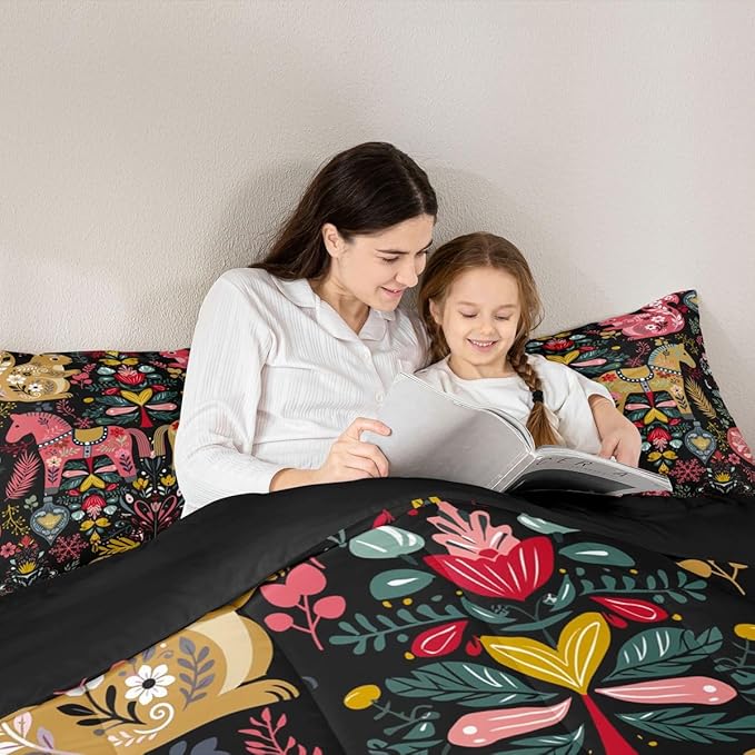Swedish Dala Horses Comforter Set King Size,Farmhouse Floral Bedding Sets 3Pcs for Kids Girls Boys Women Room Decor,Flower Squirrel Bird Duvet Insert Rustic Bohemian Down Comforter,2 Pillowcases