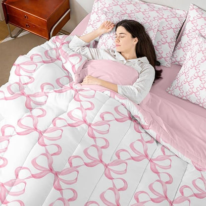 Feelyou Pink Bow Twin Comforter Set with Sheets for Kids Boys Girls Cute Bowknot 7 Pieces Bedding Set Bow Plaid Bed in a Bag Princess Decor Room Decor Soft Lightweight Microfiber