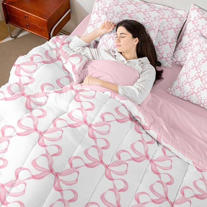Feelyou Pink Bow King Comforter Set with Sheets for Kids Boys Girls Cute Bowknot 7 Pieces Bedding Set Bow Plaid Bed in a Bag Princess Decor Room Decor Soft Lightweight Microfiber