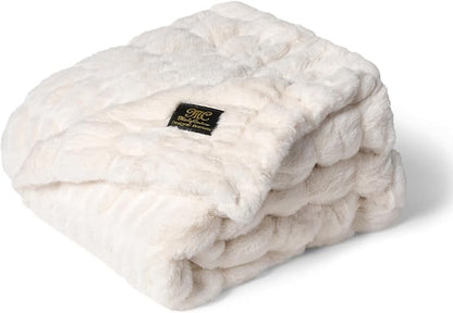 Minky Couture Hugs Blanket - Extra Plush Blanket for Premium Gifting - Stretchy Bubbled Cozy Throw - Silky Smooth - Durable & Machine-Washable - Travel-Friendly - Travel, Cream