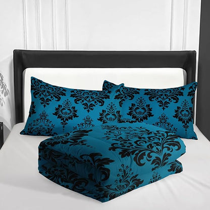 Blue Gothic Floral Print Comforter Set Full Size,Vintage Damask Floral Bedding Set,Bohemian Exotic Printed Quilted Set for Teens Adult,with 1 Comforter and 2 Pillow Case