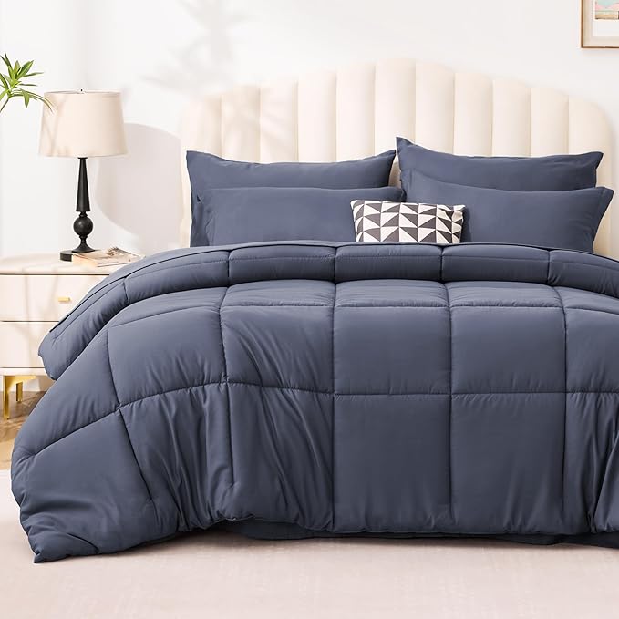 Love's cabin California King Comforter Set Indigo Blue, 7 Pieces California King Bed in a Bag, All Season Bedding Sets with 1 Comforter, 1 Flat Sheet, 1 Fitted Sheet, 2 Pillowcase and 2 Pillow Sham