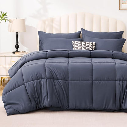 Love's cabin California King Comforter Set Indigo Blue, 7 Pieces California King Bed in a Bag, All Season Bedding Sets with 1 Comforter, 1 Flat Sheet, 1 Fitted Sheet, 2 Pillowcase and 2 Pillow Sham