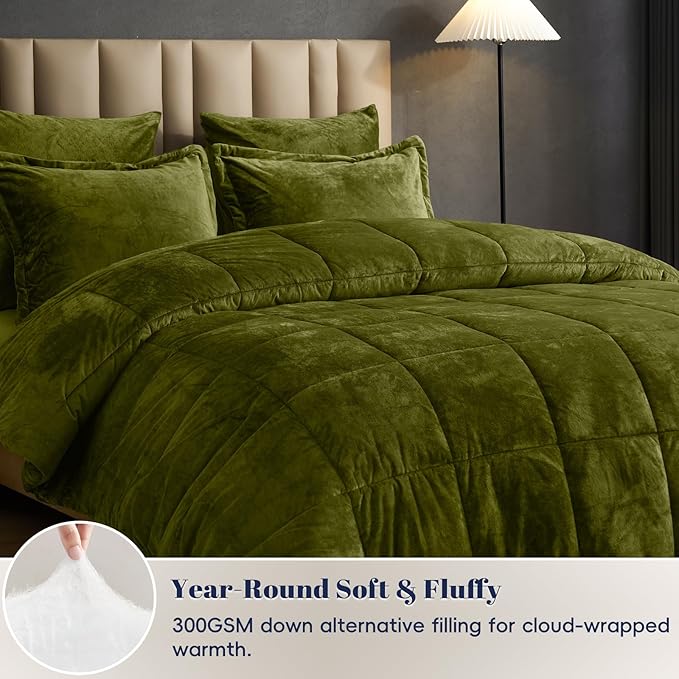 PHF Double-Sided Velvet Comforter Set King Size, 5 Piece Soft Luxury Winter Warm Bedding Sets, Modern Bed in A Bag Including 1 Cozy Comforter, 2 Pillow Shams,2 Euro Shams for Home Decor, Olive Green