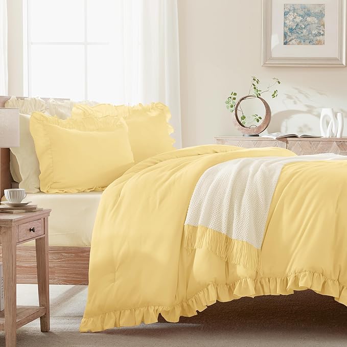 Andency Yellow Ruffle Comforter Queen(90x90Inch), 3 Pieces(1 Ruffled Comforter and 2 Pillowcases) Solid Farmhouse Shabby Chic Bed, Vintage Rustic Soft Microfiber Bedding Set
