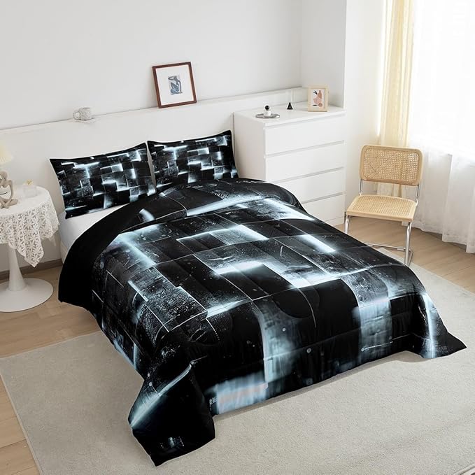 Black Greyish White Abstract Comforter Twin Gradient Square Twin Bedding Set Grid Down Comforter Neon Checkered Bed Set Glowing Plaid Quilted Duvet Modern Room Decor 2pcs (Black Reversible)