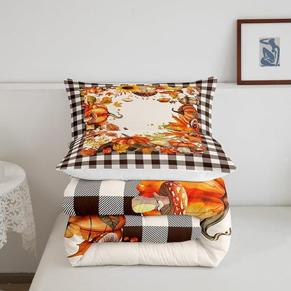 Buffalo Plaid Pumpkins Mushrooms Bedding Set King,Vintage Fall Harvest Theme Comforter Set For Home Bedroom,Autumn Maple Leaves Sunflower Comforter Thanksgiving Gifts Quilt Orange Black White 3 Pcs