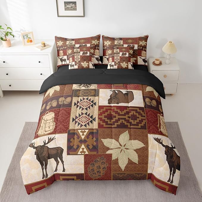 Erosebridal Buffalo Plaid 7 Piece Comforter Set Cabin Decor,Bear Elk Deer Wild Animal Bedding Sets Fall Leaves Pine Cones Bed Sheets Wildlife Hunting Theme Quilt Bohemian Floral Bed in a Bag,Twin