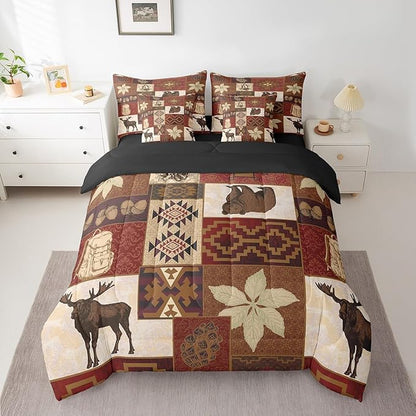 Erosebridal Buffalo Plaid 7 Piece Comforter Set Cabin Decor,Bear Elk Deer Wild Animal Bedding Sets Fall Leaves Pine Cones Bed Sheets Wildlife Hunting Theme Quilt Bohemian Floral Bed in a Bag,Twin