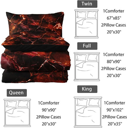 Orange Comforter Set King Size，Orange Marble Bedding Set 3 Pcs Bedding for Adults, Marble Room Decor with Comforter and 2 Pillowcases Soft and Lightweight B-Side Black