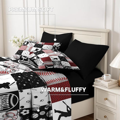 Nesker 5 Pcs Comforter Set Twin Size, Baseball Softball Sports Boys Bedding Set for Kids and Adults, Red Black Gray Patchwork Checked Bed Sheet Sets with Fitted Sheet Pillowcases & Shams