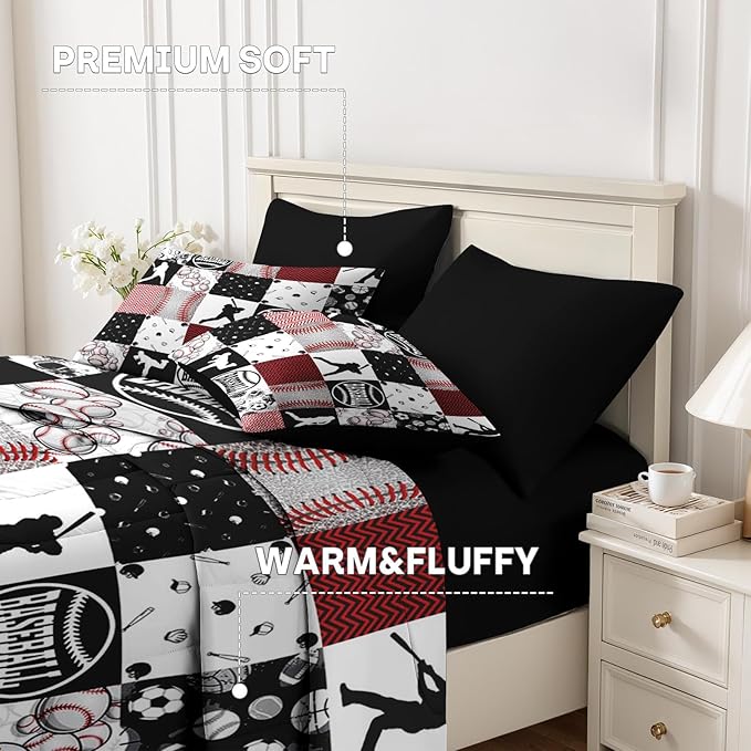 Nesker 7 Pcs Comforter Set Full Size, Baseball Softball Sports Boys Bedding Set for Kids and Adults, Red Black Gray Patchwork Checked Bed Sheet Sets with Fitted Sheet 2 Pillowcases & 2 Shams
