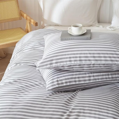 mixinni Striped Comforter Set Queen Size - Grey White Stripes Pattern Bed Set for Women and Men, 3 Pieces Lightweight Bedding Comforter Sets for All Seasons (1 Soft Fluffy Comforter + 2 Pillowcases)
