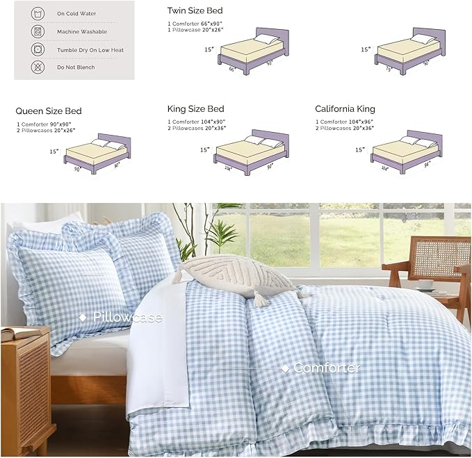Andency Blue Gingham Ruffle Comforter Twin(66x90Inch), 2 Pieces(1 Ruffled Comforter and 1 Pillowcase) Solid Farmhouse Shabby Chic Bed, Vintage Rustic Soft Microfiber Bedding Set