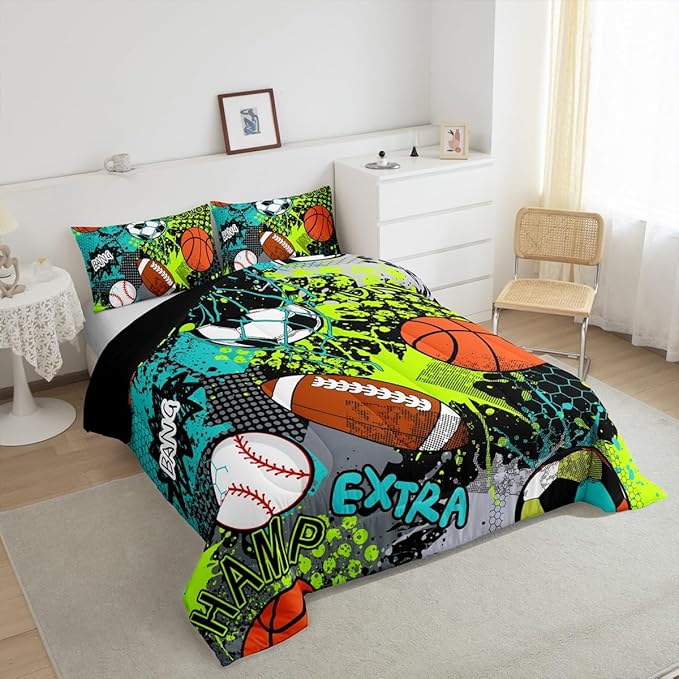 Feelyou Baseball Games Comforter Set Full Size Football Comforter for Boys Girls Teens Rugby Sports Bedding Set Basketball Duvet Set Room Decor Teal Bright Green Mixed Ball Quilt Set