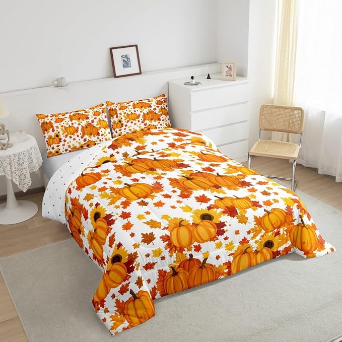 Erosebridal Fall Pumpkin Comforter Set Full Autumn Maple Leaves Bedding Set Thanksgiving Harvest Season Decor Comforter for Home,Rustic Farmhouse Sunflower Quilt Duvet Set 2 Pillow Cases Orange White
