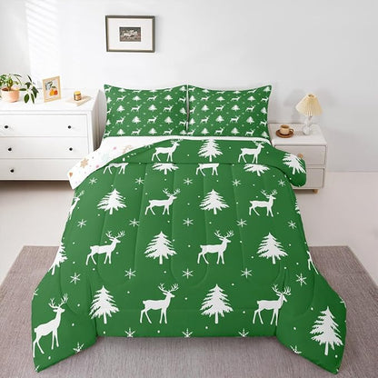 Christmas Deer Kids Bedding Set King Size,Snowflake Pine Tree Comforter Set，Rustic Farmhouse Xmas Quilt Comforter,Green White Bedroom Duvet Insert,2 Pillowcases