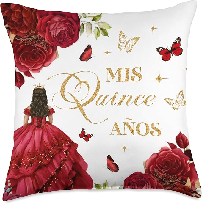 Red Roses Floral Quinceanera Mis XV Anos 15th Birthday Girl Throw Pillow