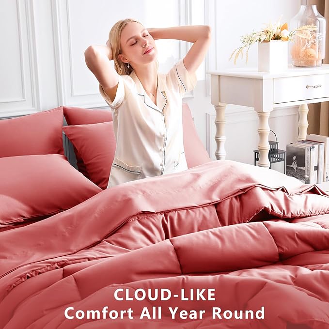 CozyLux Full Size Comforter Sets Coral, 7 Pieces Bed in a Bag, Coral Comforter Full Size, All Season Bedding Sets with Stitch Quilted Comforter, Flat Sheet, Fitted Sheet, Pillowcases