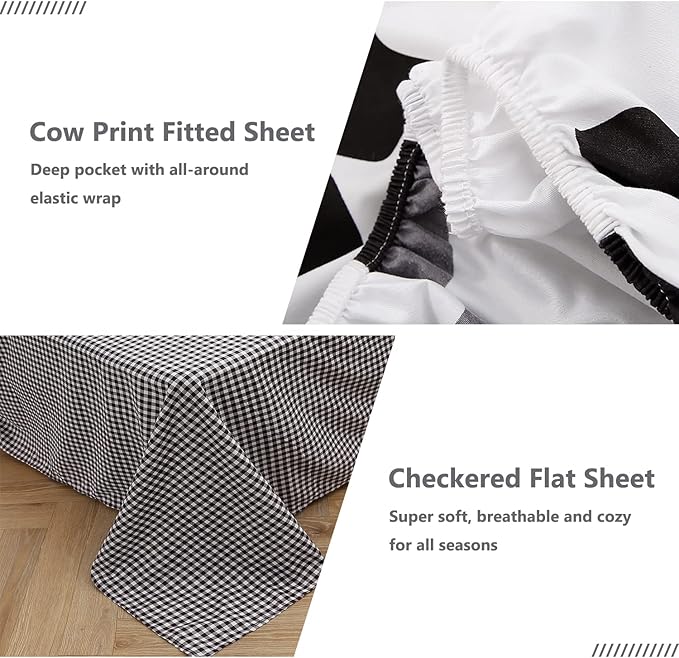 SUCSES Cow Print Twin Comforters 8 Pieces Bedding Set Cowhide Bed in A Bag for Boys Girls Black and White Cute Kids Comforter Set with Sheets