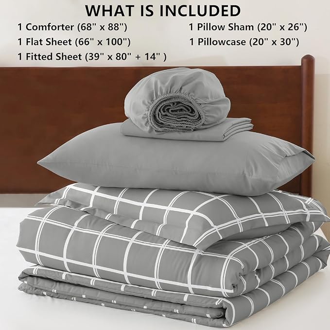 CozyLux Twin XL Comforter Set Grey - 5 Pieces Plaid Bed in a Bag Set, Ultra-Soft Twin XL Bedding Set Bed Set with All Season Quilted Comforter, Flat Sheet, Fitted Sheet, Pillowcase & Pillow Sham
