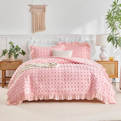 Flysheep Tufted Dots Ruffle Comforter Set Twin Size, 3 Pieces Pink Vintage Farmhouse Shabby Chic Comforters, Jacquard Boho Bohemian Bedding Set for Girls (1 Ruffled Comforter+ 2 Pillow Shams)