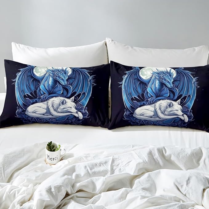 Erosebridal Dragon Comforter Set Toddler Size for Boys, Wolf Animals Bedding Set, Tribal Exotic Wildlife Down Comforter for Boys Adult Men Room, Moon Starry Sky Quilt, Black Blue
