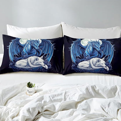 Erosebridal Dragon Comforter Set Toddler Size for Boys, Wolf Animals Bedding Set, Tribal Exotic Wildlife Down Comforter for Boys Adult Men Room, Moon Starry Sky Quilt, Black Blue