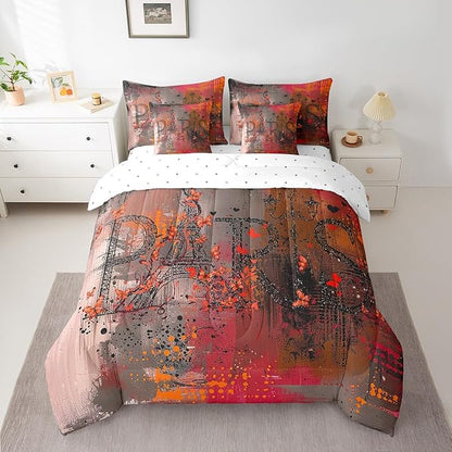 Erosebridal Paris Print Bedding Comforter Sets 7 Pieces Brown Red Bedding Set, Abstract King Size Comforter Set (1 Comforter, 1 Fitted Sheet, 1 Flag Sheet, 2 Pillowcases, 2 Throw Pillow Covers)