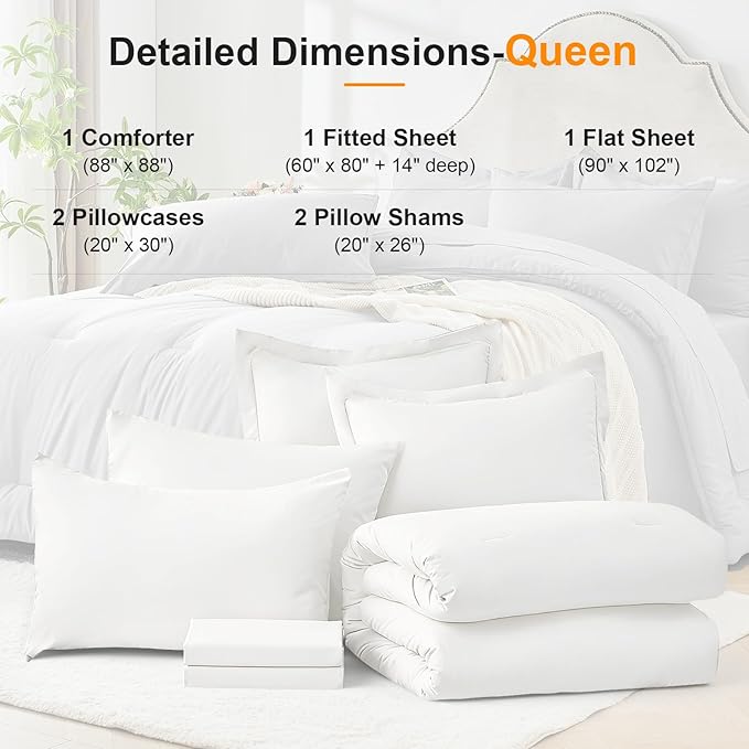 White Queen Comforter Set 7 Piece - Soft Bed in a Bag Queen Size Comforter Sets, Cozy Luxury Bedding Sets with Down Alternative Comforter, Flat Sheet, Fitted Sheet, 2 Pillowcases & 2 Shams